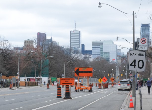 looking south on University towwards Queens Park Circle, construction