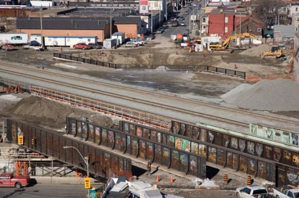 construction of the bridge for CN rail and GO transit, to eliminate the dufferin jog, 2010, from city of toronto archives