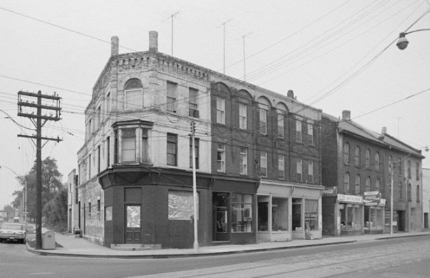 1972 photo from city of toronto archives, of row of buildings on the northeast corner of king and power