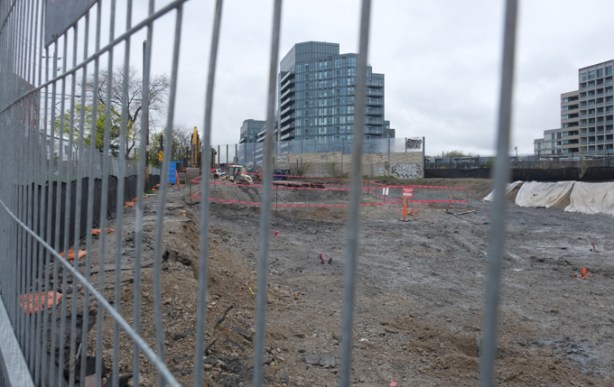 northwest corner of Queen & Dufferin, photo taken from corner of Noble and Queen and looking northeast, vacant lot, buildings have been demolished