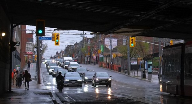 queen stret west looking west from dufferin, rainy gray morning, with traffic and a TTC streetcar