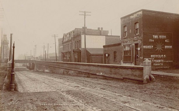black and white photo from late 1890s, Queen street looking west towards railway tracks and Dufferin Street