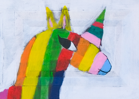 street art, section of painted garage, rainbow striped unicorn