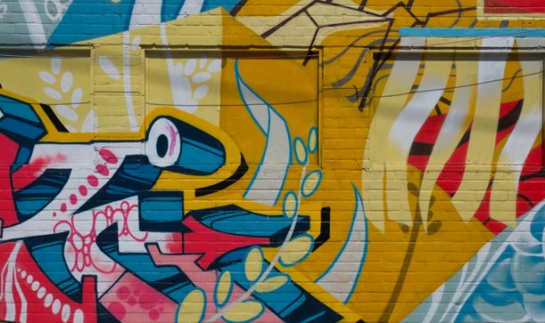 a portion of Japan Town 5 mural on the side of Sanko Trading Company store on Queen Street West