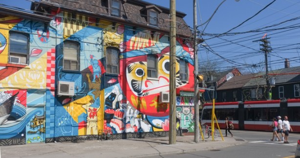a portion of Japan Town 5 mural on the side of Sanko Trading Company store on Queen Street West