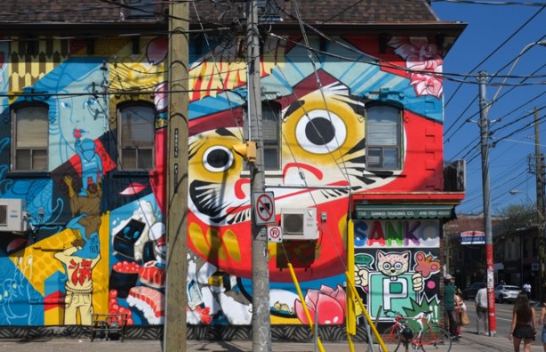 a portion of Japan Town 5 mural on the side of Sanko Trading Company store on Queen Street West, south end of mural