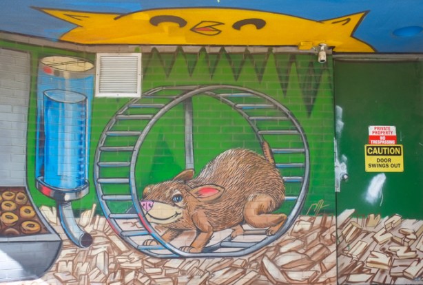 small part of animal themed mural by Uber 5000 at the Toronto Humane Society, hamster in a cage, running on a wheel