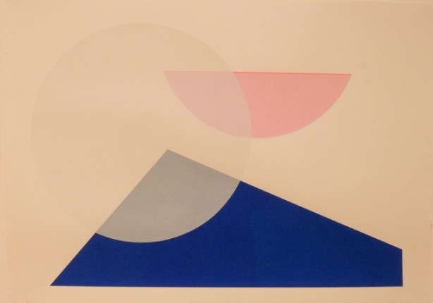 painting of a pink semi circle, transparent white circle and blue triangle, by Walter Procsa