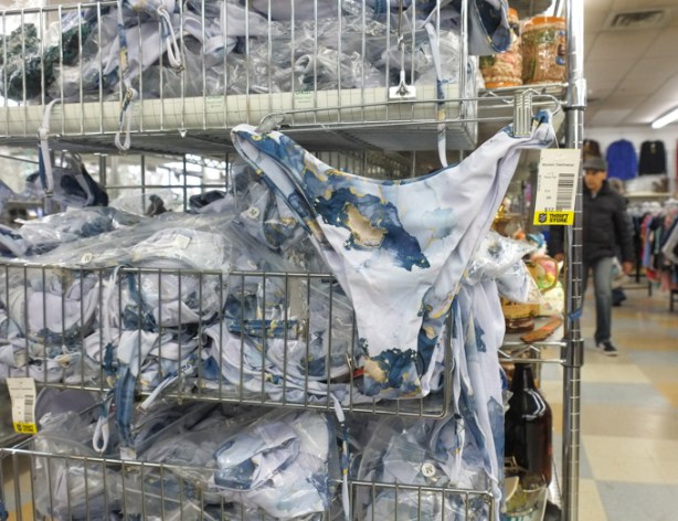 lots of bikini underwear for sale in a thrift store
