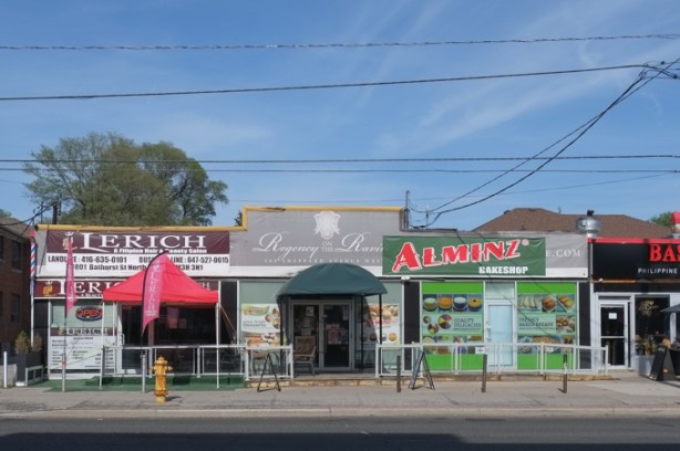 commercial buildings on Bathurst street, Alminz bakeshop, Le Rich, 