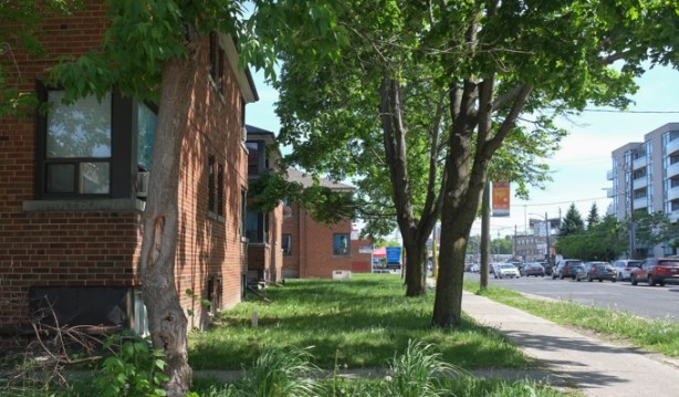 looking south on Bathurst past lowrise brick apartment buildings