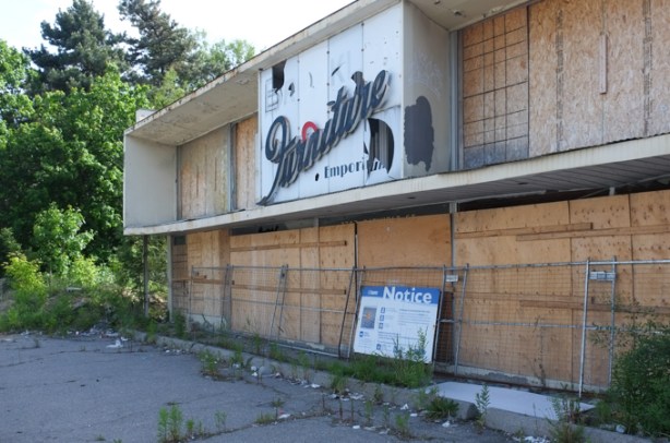 boarded up old furniture store, 