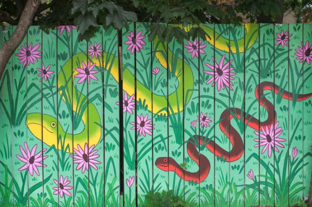 street art mural on wood fence, a green and a red snake slithering through green grass and pink flowers