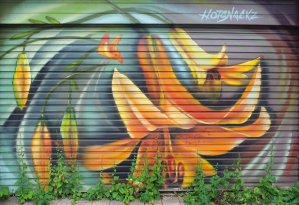 street art mural painting of orange lilies in bloom