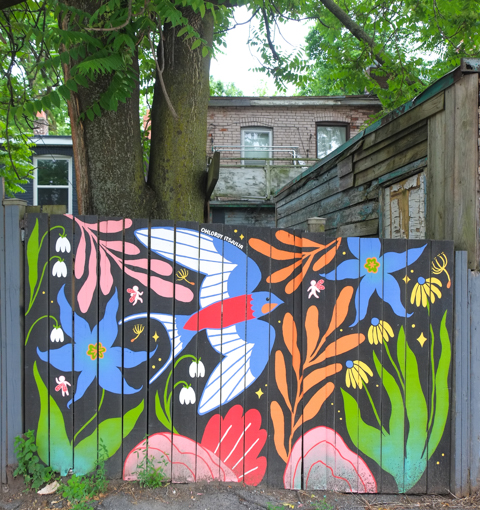colouful mural on a wood fence by oh lordy its julia, also known as Julia Louise Pereira, flowers