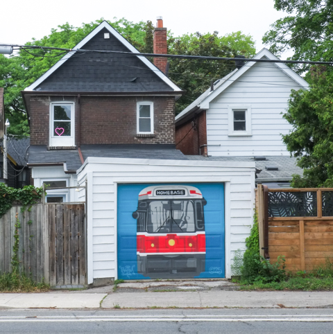 back of two single family homes a white garage with a mural of the front of a TTC streetcar (older style) on it, with blue background