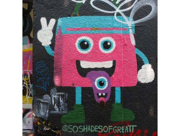 square cartoon character with skinny arms and legs, and big white hands, purple tongue sticking out, by fifty shades of great