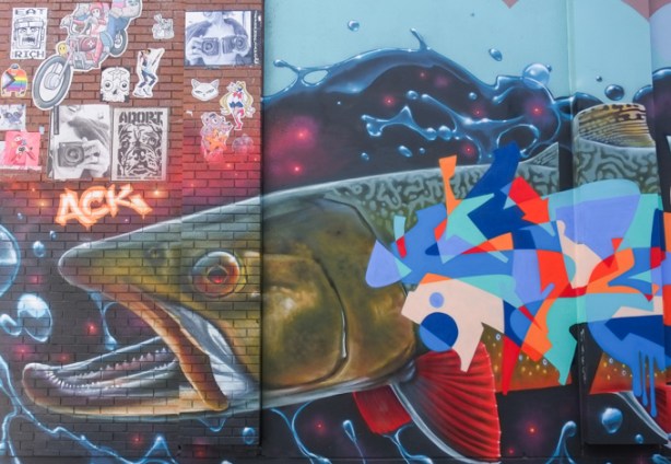 large fish mural in graffiti alley, 