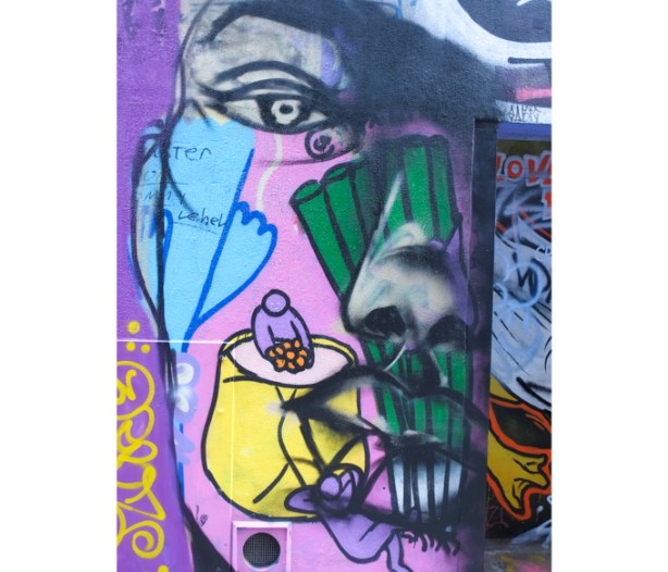 half of a purple face, urban art, with other shapes and colours on it, black and grey eye and nose