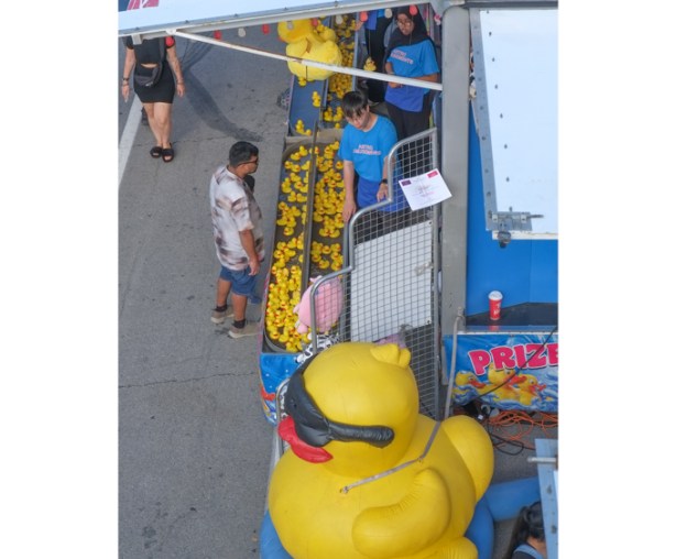 giant yellow rubber duckie beside a game at the ex, game where hundreds of little yellow ducks float around in a trough of water