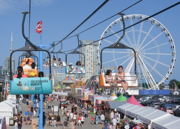 Canadian National Exhibition, midway, SkyRide views looking east towards downtown and the CN Tower