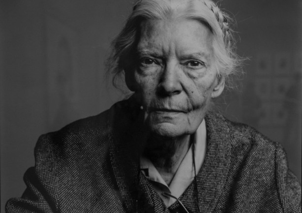 Dorothy Day, black and white portrait photograph by Richard Avedon hanging on a wall in a gallery, TMU Image Centre