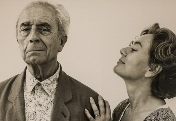Micelangelo Antonioni and his wife Enrica, black and white portrait photograph by Richard Avedon hanging on a wall in a gallery, TMU Image Centre