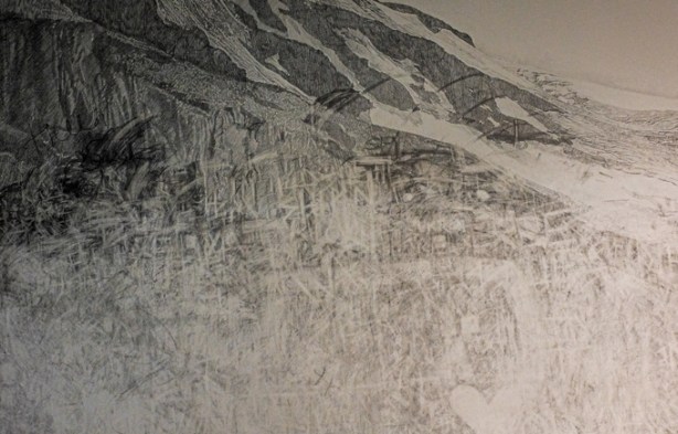 part of Colourful Parachutes exhibit at Power Plant Contemporary Art Gallery, pencil drawing of Athabaska Glacier, being erased, by Claire Greenshaw