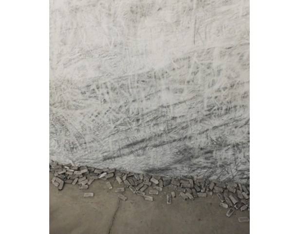 part of Colourful Parachutes exhibit at Power Plant Contemporary Art Gallery, pencil drawing being erased, by Claire Greenshaw, with left over erasers on the floor