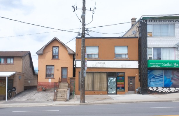 buildings on Eglinton West, one is an older small house, and one is a squareish commercial building, both two storeys