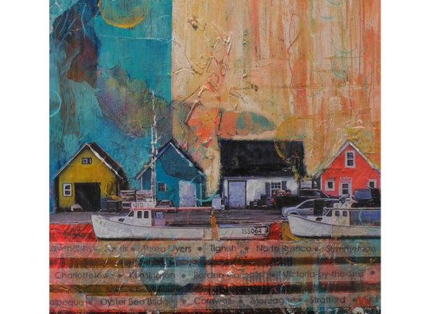 painting by Ailene Vrana Macdougall, title North Rustico, a boat is moored along a pier with small buildings behind it