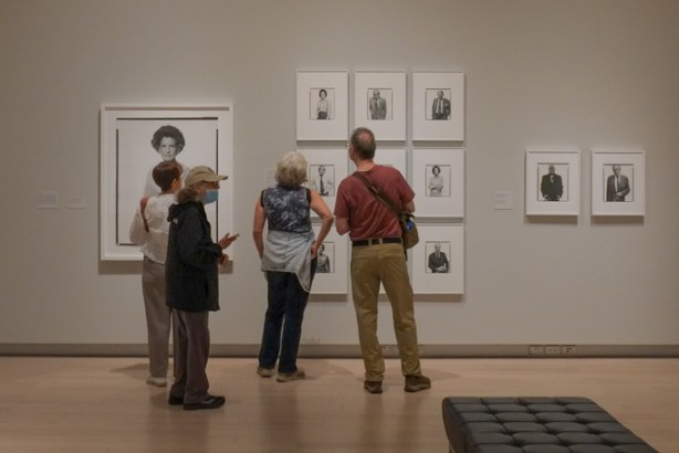 , black and white portrait photograph by Richard Avedon hanging on a wall in a gallery, TMU Image Centre