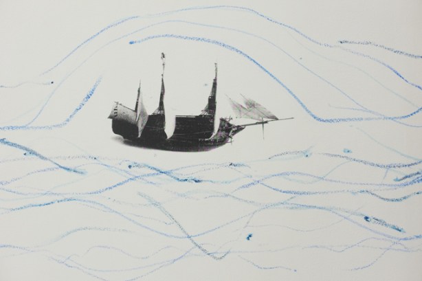 sailing ship in grey tones silk screened on wall, blur crayon lines drawn on the wall for waves