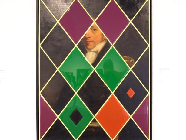 painting by Stefan Sagmeister, Purple then green then red, diamond shapes on black background, one diamond has old fashioned portrait of a man in it 