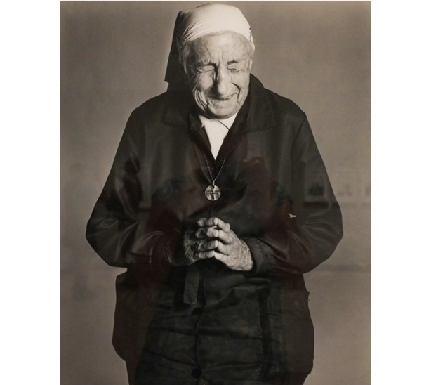 Souer Emmanuelle, nun in Paris, black and white portrait photograph by Richard Avedon hanging on a wall in a gallery, TMU Image Centre
