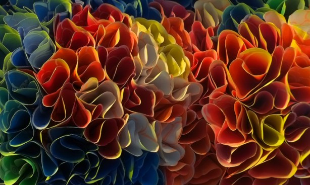 artwork by Zhuang Hong_yi made with pieces of rice paper, painted, in curls, looks 3 D, 
