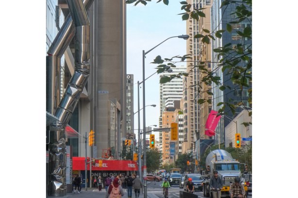 downtown Toronto, tall buildings at Bloor and Yonge, glass and steel condo towers