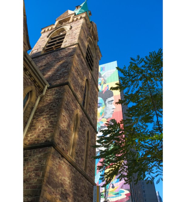 Grace Toronto church is in front of the Equilibrium mural and partially obscures it