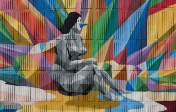 part of mural, Equilibrium, by Okuda San Miguel, naked woman in a bird mask 
