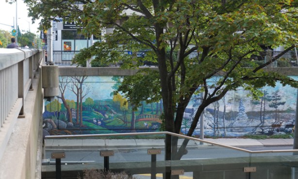 mural by Ian Leventhal, landscape, on walls of bridge, bloor over mount pleasant