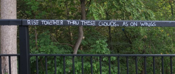 written graffiti in white on black railing on bridge